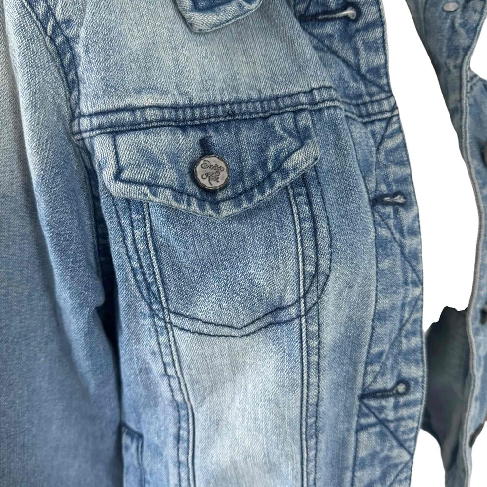 Indigo Rein Womens Blue Denim Jacket Button Front Long Sleeves Cropped Medium - Picture 14 of 16